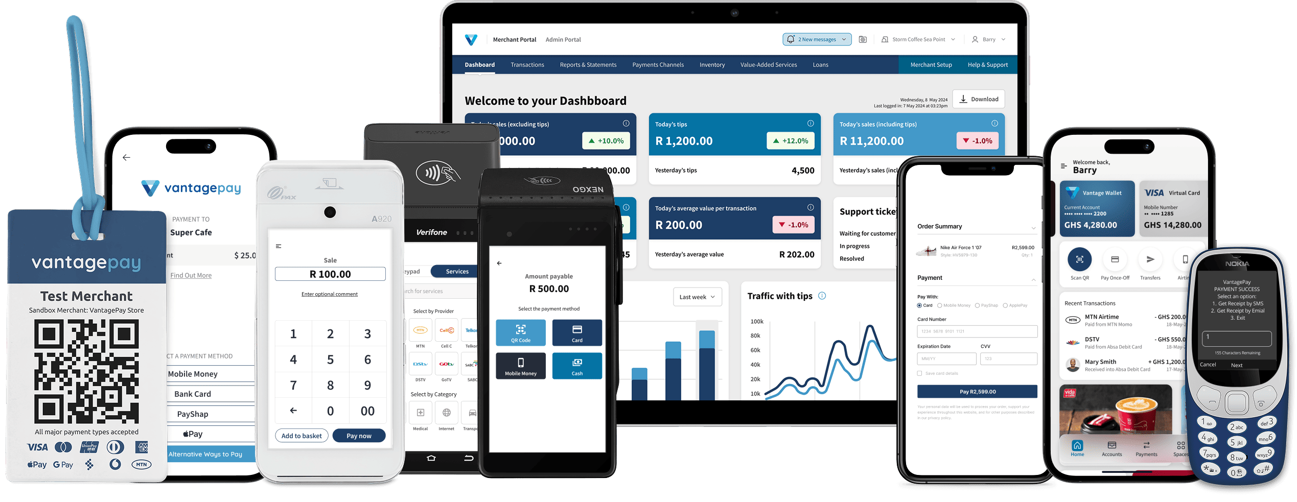 VantagePay running across QR, SoftPOS, PED terminals and the Merchant and Admin portals